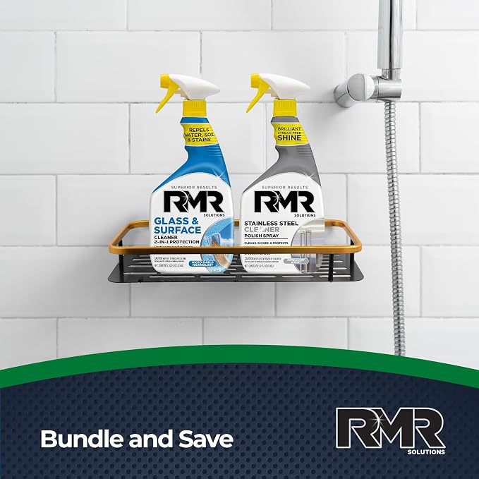 RMR Gleam Team Bundle – Glass & Surface Cleaner + Repellent and Stainless Steel Cleaner Polish, 2-Step Cleaning System for Windows, Shower Doors, Appliances, Faucets & Mirrors, 2–32 Oz Bottles