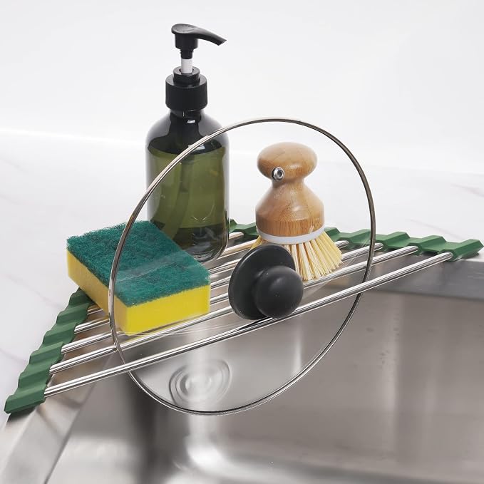 Tomorotec Triangle Roll-Up Dish Drying Rack for Sink Corner Small Foldable Stainless Steel Over The Sink Multipurpose Kitchen Drainer Caddy Organizer Storage Shelf Holder (Olive Green)