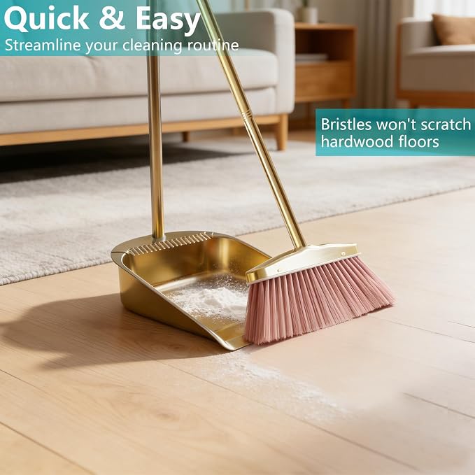Broom and Dustpan Set Heavy Duty, Gold Stainless Steel Broom with Dustpan Combo Set, Long Handle Upright Metal Dust Pan with Comb Teeth for Pet Hair, Home, Kitchen and Office (Golden Teeth)