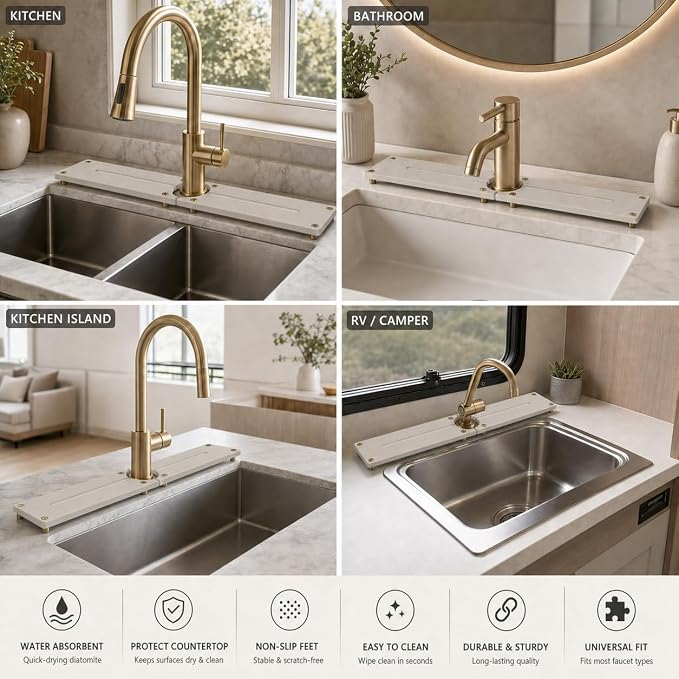2PCS Stone Faucet Mat for Kitchen Sink, Water Absorbing Sink Tray Organizer for Bathroom Counter, Diatomite Soap Dish Coaster Caddy Riser, Sponge Holder Dispenser Mat, Gold Beige, 23.6" x 4", 1 Set