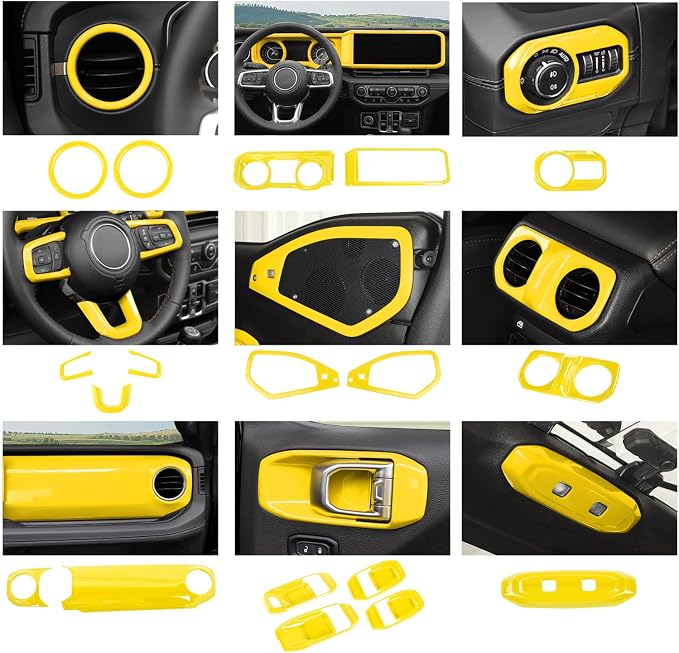 21PCS Full Set Interior Trim Kit for 2024-2026+ Jeep Wrangler JL JLU & Jeep Gladiator JT, Dashboard Side Outlet Door Handle Bowl Headlight Switch Roof Reading Light Cover (Yellow)