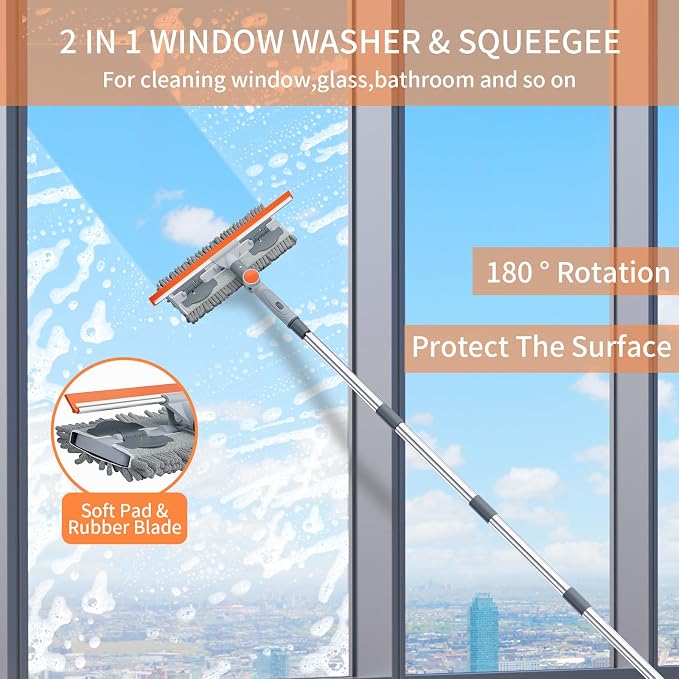 6.4FT Extendable 2-in-1 Window Washing Kit with Long Handle, 180° Rotatable Head & No-Drill Storage Holder, Streak-Free Window Squeegee for High Windows, Glass, Shower, and Car Windshield Cleaning