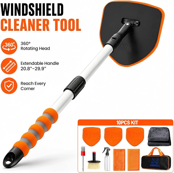 XINDELL Interior Windshield Cleaner Tool, Extendable Car Window Cleaning Kit with 360° Rotating Head, Interior Exterior Glass Cleaner for Cars Trucks SUVs, 10PCS with 3 Pads, Towels, Brushes & Bag | 360° Head, Extendable Handle, 3 Pads, 2 Brushes, 3 To...