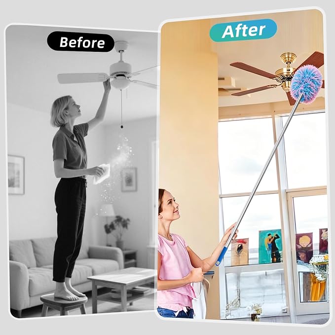 DRQ Ceiling Fan Cleaner Duster, 2 Pack Reusable Microfiber Duster with Extension Pole, 13 to 48 Inch Fan Blade Cleaner, Removable Dusters for Cleaning Walls Bookshelves Door Window Top (Blue Pink)