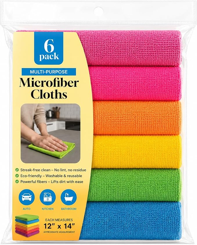 Handy Housewares Multicolor Microfiber Cleaning Cloths Set of 6 | 12" x 14" Each, Streak-Free Clean, Washable & Reusable, Multi-Purpose Use, No Lint or Residue