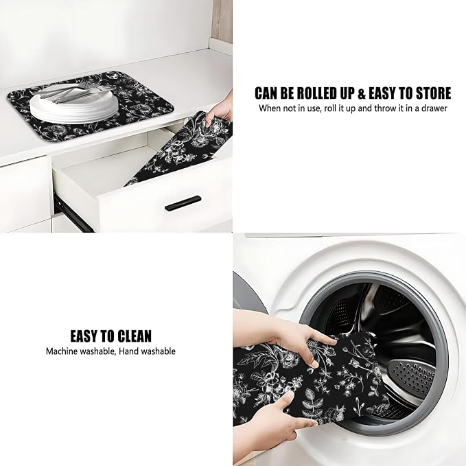 Dish Drying Mat 2-Pack in Black White Floral for Kitchen Counter Dishes | Diatom Mud Mats (18x24, 19.5x12"). Non-slip rubber back for kitchen counter, coffee bar & sink scenes