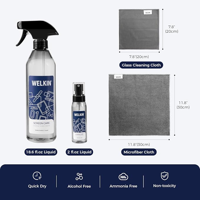 WELKIN Screen Cleaner Spray Kit, 18.6 oz + 2 oz for TV, Laptop & Phone | Fine Mist Spray for Screens, Gentle Formula, Streak-Free Cleaning, Anti-Static, Includes 1 Microfiber Cloth & 1 Glass Wipe