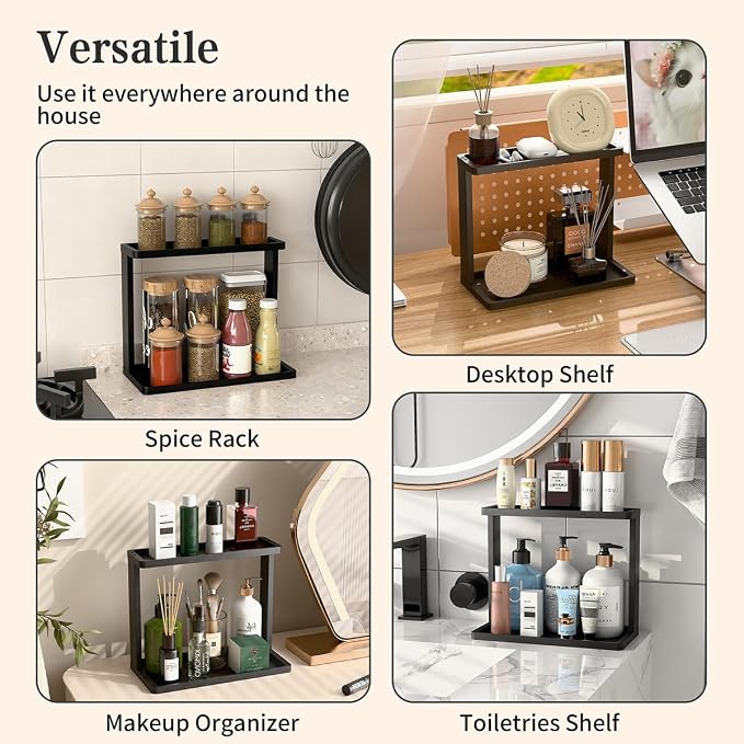 PEKER Bamboo Bathroom Organizer Countertop โ Small Vanity Storage Shelf for Makeup, Perfume, Skincare โ Natural Cosmetics Display Rack for Dresser, Sink, Kitchen โBlack