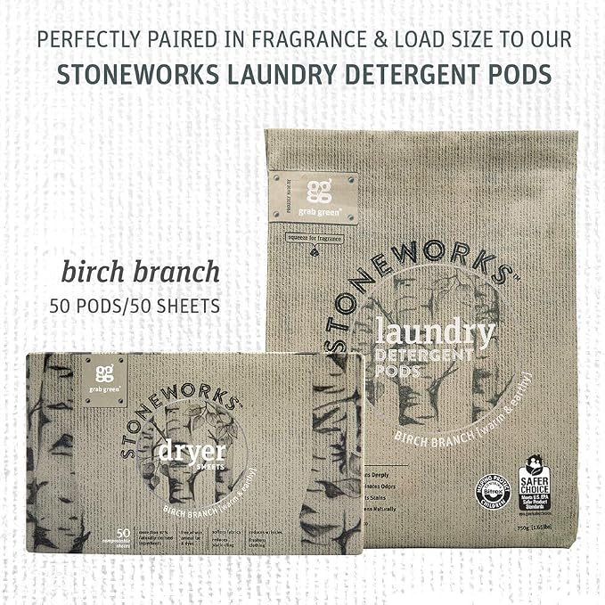 Grab Green Stoneworks Dryer Sheets, 160 Count, Birch Branch, Compostable | Softens fabrics; Reduces Static; Cruelty-free; Plant & Mineral Based; No Harsh Chemicals