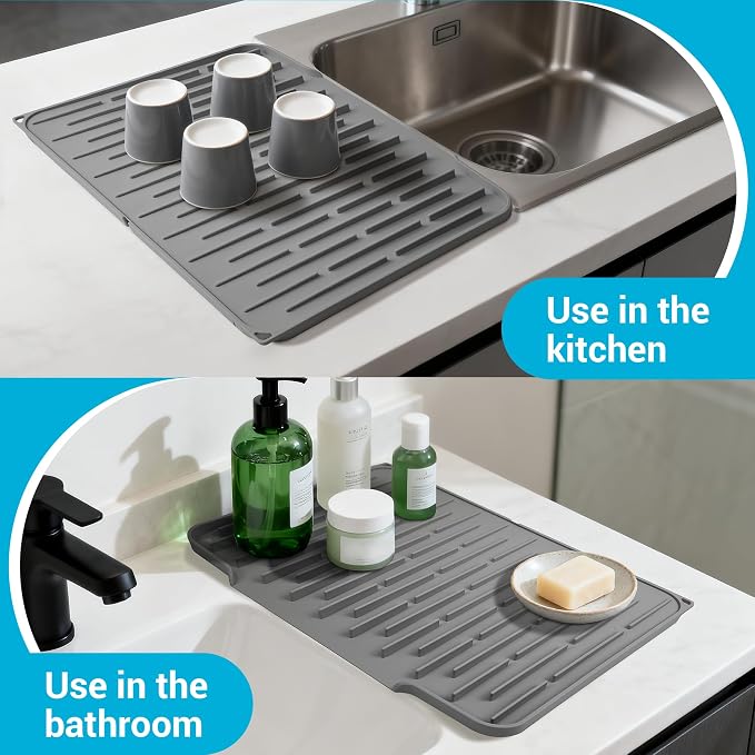 Foldable Silicone Dish Drying Mat for Kitchen Counter & Sink - Quick Dry, Space Saving, Non-Slip Pad for Small Apartments & Coffee Bar Dark Grey