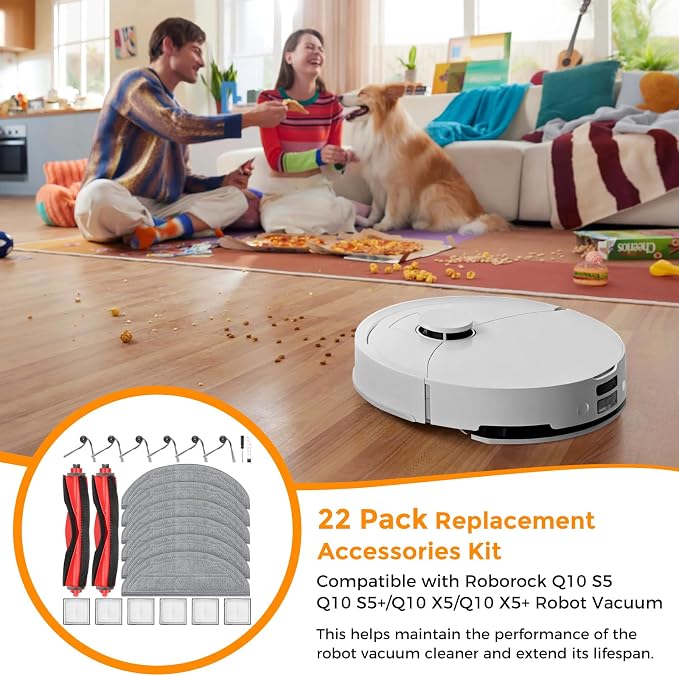 22 Pack Accessories Kit Compatible with Roborock Q10 S5 Robot Vacuum | 2 Main Brushes, 6 Side Brushes, 6 Mop Pads, 6 HEPA Filters, 1 Screwdriver, 1 Cleaning Tool, Q10 S5+/Q10 X5/Q10 X5+ Parts