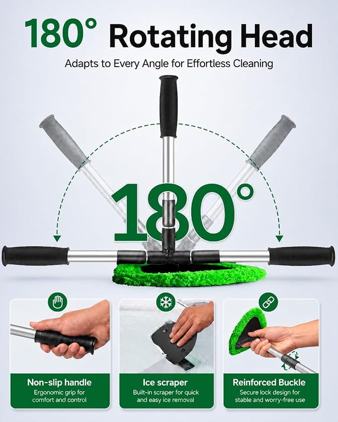 25.5" Extra-Long Reach – Super Absorbent Coral Velvet Windshield Cleaner Tool, Streak-Free Windshield Cleaning Tool Kit with 5 Pads, 2 Spray Bottles & Storage Bag for Auto Glass & Home Windows, Green