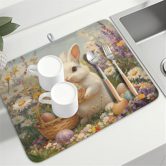 Easter Bunny Eggs Dish Drying Mat for Kitchen Counter 18 x 24 Inch Rabbit Floral Dish Drainer Mat Absorbent Microfiber Dish Rack Pad for Spring Holiday Coffee Dining Bar Decor