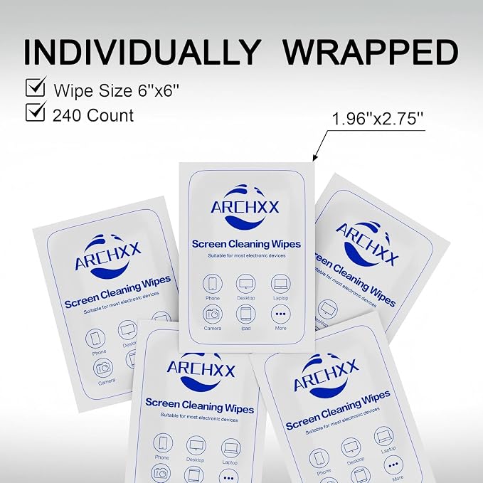 ARCHXX Screen Wipes for Electronics, 240 Count 6"x6" Pre-Moistened Screen Cleaner for Screens, Computer,Laptop,Tablet,Phone,Monitor,Car Screen Cleaner, Lens Wipes Individually Wrapped