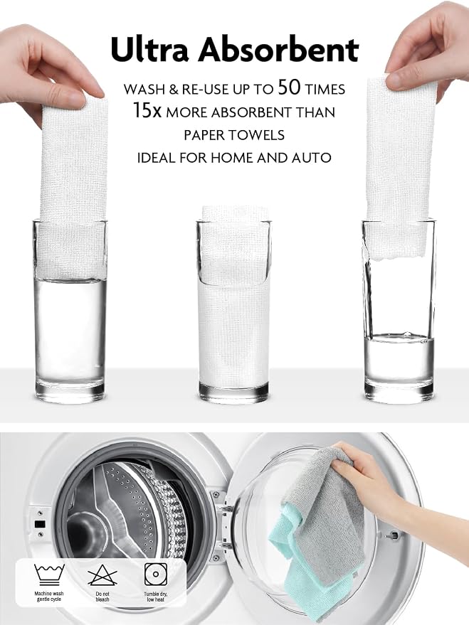 Fantasticlean Microfiber Cleaning Cloth Roll-60 Sheets,12"x12"(White, Blue) | Super Absorbent, Lint-free, Tear-away Microfiber Towel Roll, for All-Purpose Cleaning, Reusable Alternative to Paper Towels