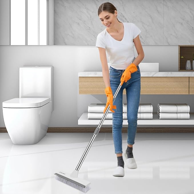 SetSail Floor Scrub Brush and Grout Brush with 51-in Long Handle,Grey White | 2 in 1 Scrape Brush Stiff Bristle Floor Scrubber for Cleaning Shower Bathroom Garage Kitchen Wall Deck Tub Tile