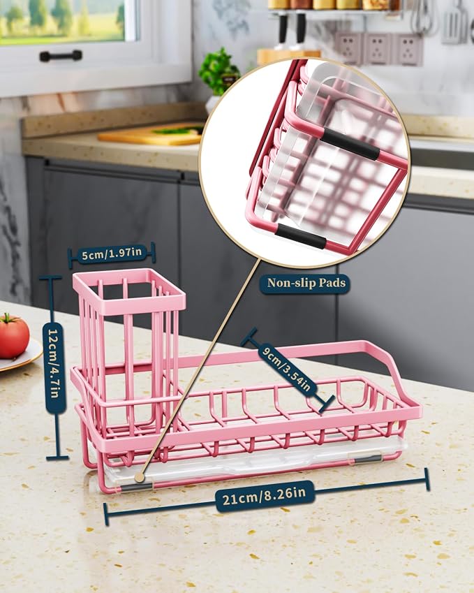 Consumest Sponge Holder for Kitchen Sink - Kitchen Sink Caddy Organizer with Removable Drip Tray for Countertop Dish Soap Dispenser Brush Storage Accessories 304 Stainless Steel, Pink