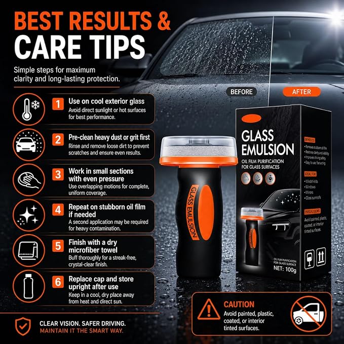 Glass Oil Film Remover for Car, 100ml Roll-On Glass Compound with Cleaning Board, Removes Oil Film & Smudges, Improve Windshield Clarity for Safe Driving