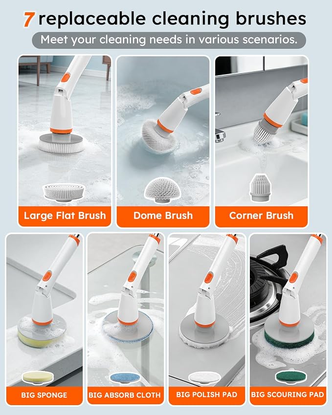 Cordless Electric Spin Scrubber with Smart Display, 1500RPM Powerful Cleaning, 4000mAh Rechargeable Battery, 7 Replaceable Brushes โ Ideal for Bathtub, Tile, Floor & Shower