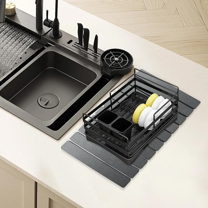 Large Stone Drying Mat for Kitchen Counter, 24"x16" Collapsible Diatomaceous Earth Drying Mat, Instant Absorbent Dish Drying Pad, Stone Drying Rack Space Saver Drying Board for Kitchen Sink, Gray
