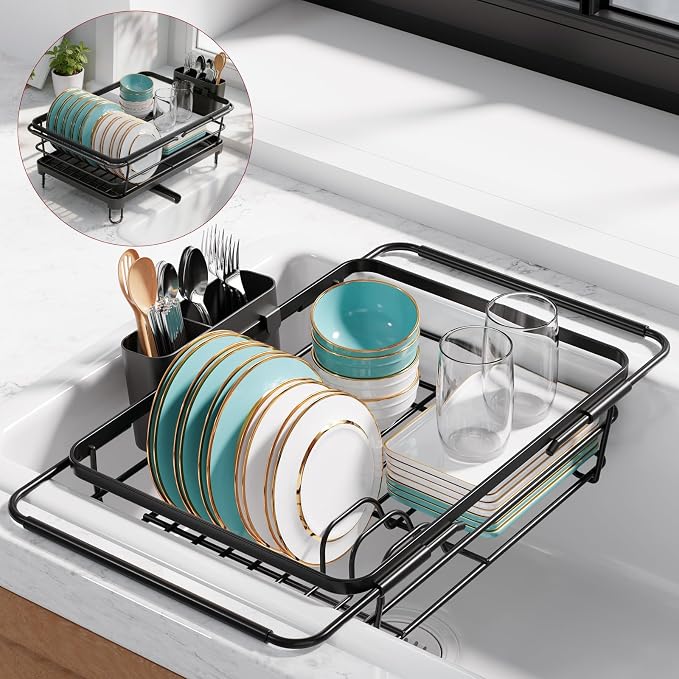 Sakugi Dish Drying Rack in Sink - Expandable Stainless Steel Dish Rack Over The Sink, Kitchen Sink Drain Strainer with Cutlery Holder & Cup Holders, 15.2 x 10.0 x 4.2 Inch, Black
