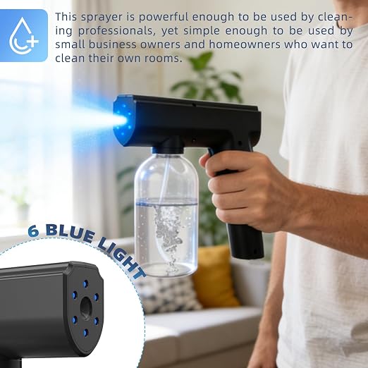 Blue Light Electrostatic Sprayer Handheld Nano Mist Sprayer Black | Disinfectant Fogger with 300ml Large Capacity, Rechargeable Atomizer for Home Office Car Air Refresh Multipurpose Portable