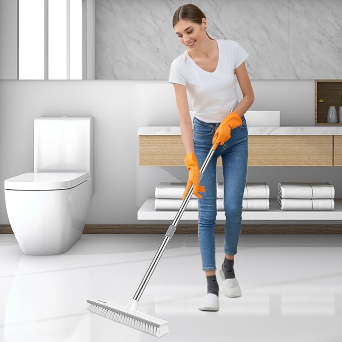 SetSail 12-in Wide Floor Scrub Brush with Long Adjustable Handle Brush | 2 in 1 Scrape Brush Stiff Bristle Floor Scrubber for Cleaning Shower Bathroom Garage Kitchen Wall Deck Tub Tile