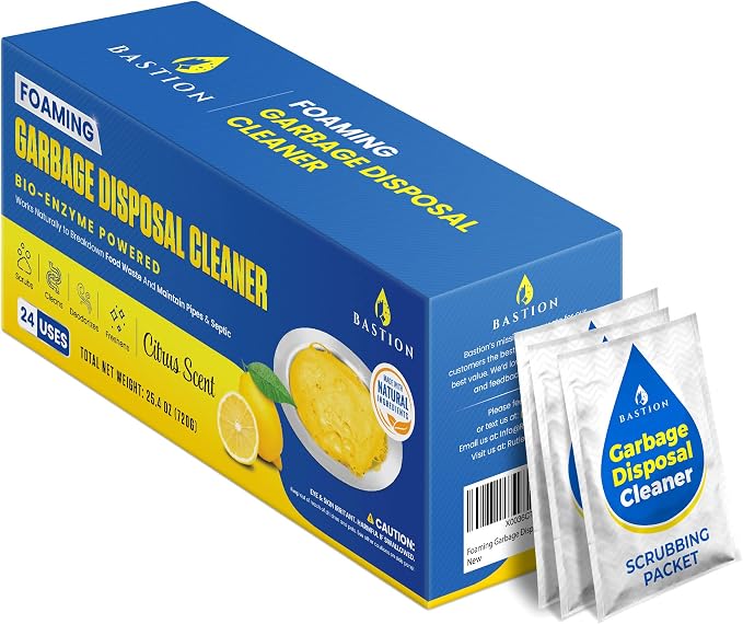 Bastion Garbage Disposal Cleaner and Deodorizer - 24-Count (1-Year Supply) Foaming Lemon Scented Kitchen Sink Freshener Pods & Drain Odor Eliminator Disposer Care