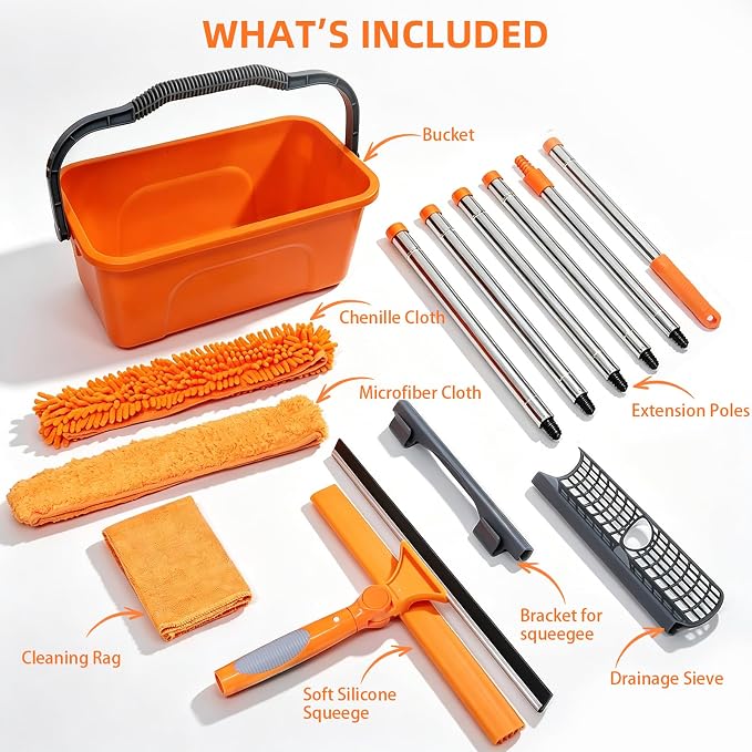 Window Cleaning Kit with 3-Gallon Bucket, 14" Squeegee & 15" Microfiber Scrubber, 78" Extension Pole, All-in-One Window Washing Equipment for Home, Outdoor, Car and Commercial Use