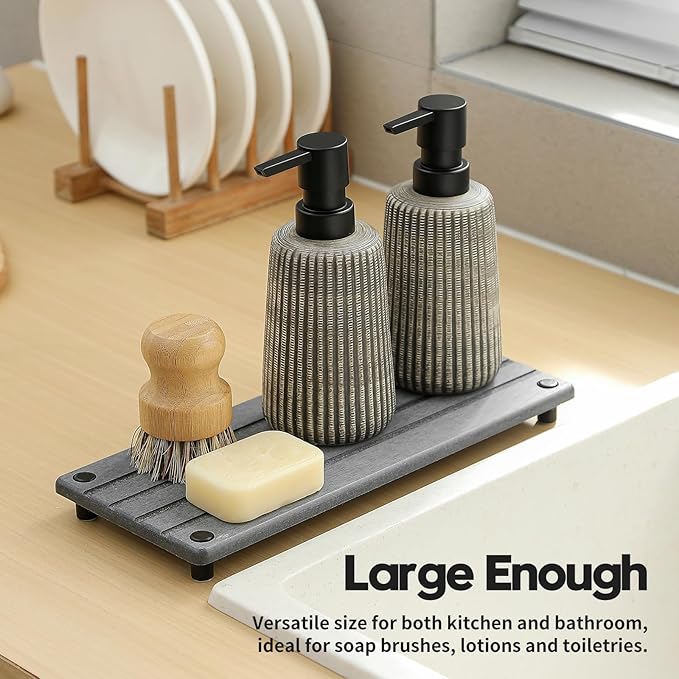 Razborci Instant Dry Sink Caddy Kitchen Sink Organizer, Quick Drying Stone Tray Diatomite Sponge Holder Soap Dish, Bathroom Countertop Fast Dry Water Absorbing Vanity Rack, Dark Gray,12" x 5"
