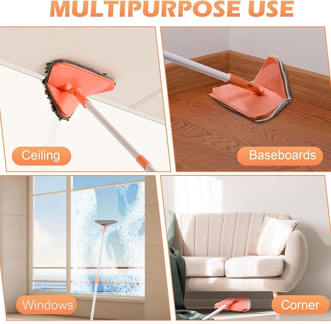 RONSUNG Wall Cleaner Mop, 82-Inch Handle, Baseboard Cleaner Tool, 4 Pads | Wall scrubber with long handle, triangle head, squeegee, and 4 pads for walls, ceilings, windows, baseboards, and floors