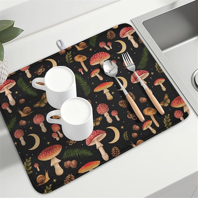 Botanical Mushroom Fern Leaf Dish Drying Mat 18x24 Inch | Butterfly,Polyester,Absorbent Microfiber,for Kitchen Coffee Dining Bar Decor
