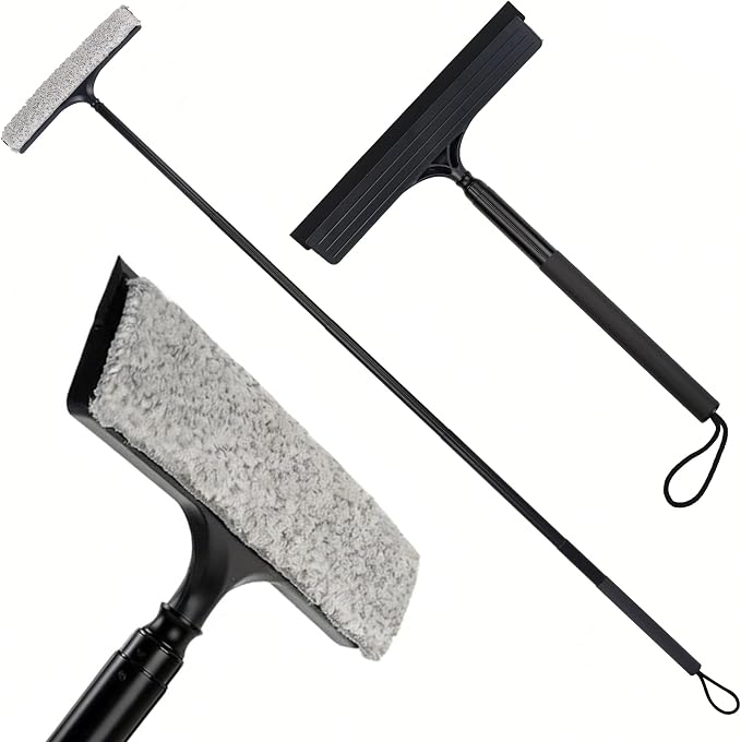 16-59" Telescopic 2-in-1 Window & Shower Squeegee for Glass Doors | 30% thicker silicone blade, microfiber pad, ideal for car windshields, bathroom tiles, RVs, safe high reach without ladders