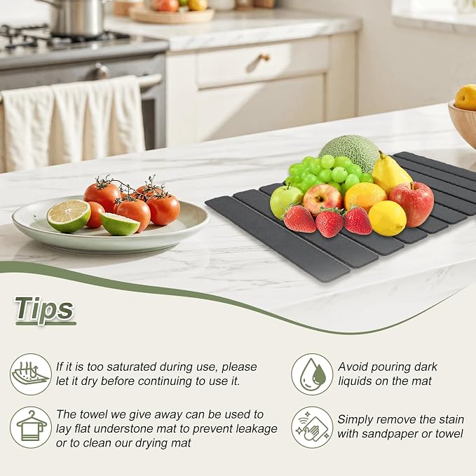 Dish Drying Mat Large Stone Dish Drying Mat For Kitchen Counter Collapsible Quick-Drying Sleek Diatomaceous Versatile Stone Drying Mats For Cups Dishes Bottles Marble (black, 16''X24'')