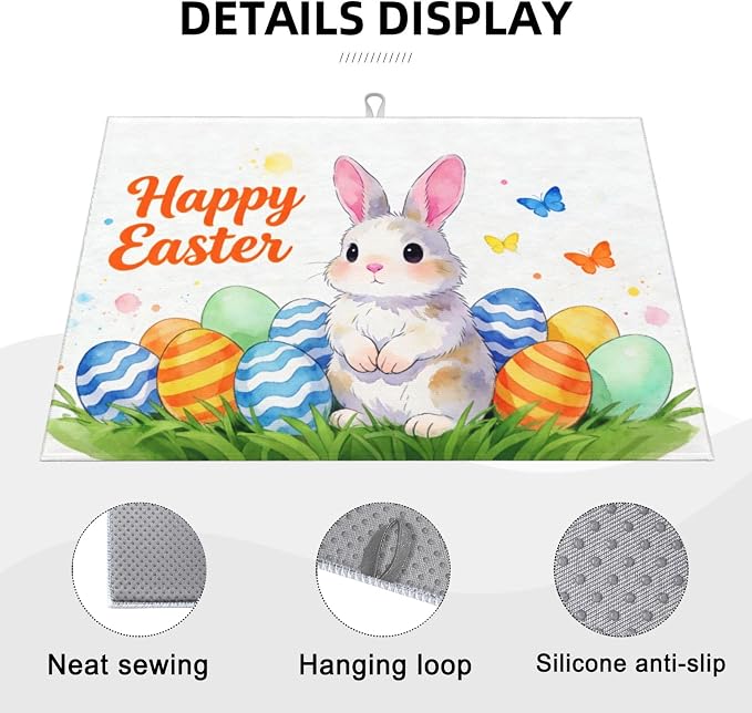 Easter Bunny Dish Drying Mat, for Kitchen Counter Microfiber Absorbent Easter Eggs Dish Draining Reusable Washable Extra Large 18"x24"
