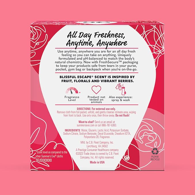 Summer's Eve Blissful Escape Feminine Wipes, Gentle pH-Balanced Formula Helps Control Vaginal Odor, Individually Wrapped Wipes, 12 Count