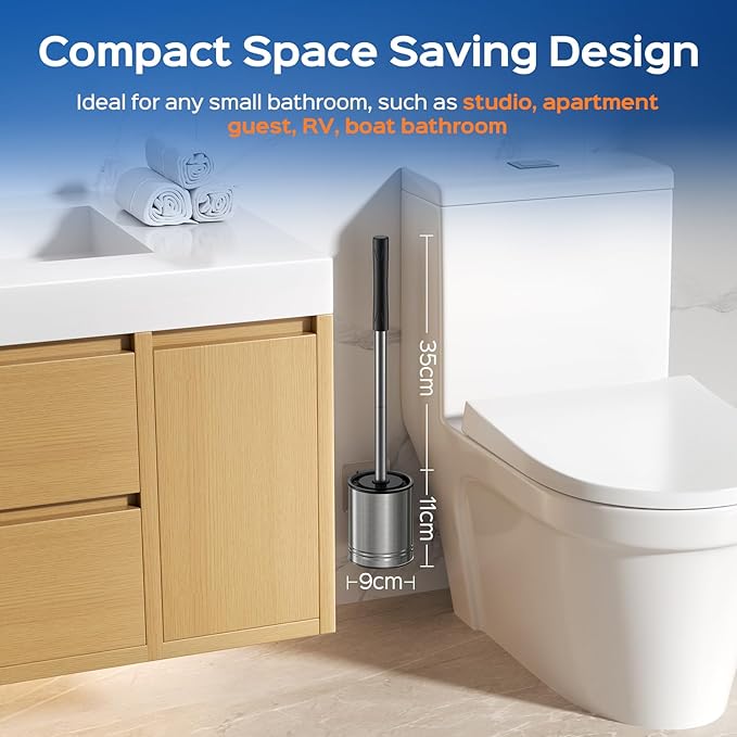 HAMITOR Toilet Bowl Brush Set: Compact Space-Saving Design with Hidden Holder for Small Bathrooms, Apartments & RVs - Bathroom Cleaning Accessories - Rustproof Toilet Scrubber Cleaner Kits Silver