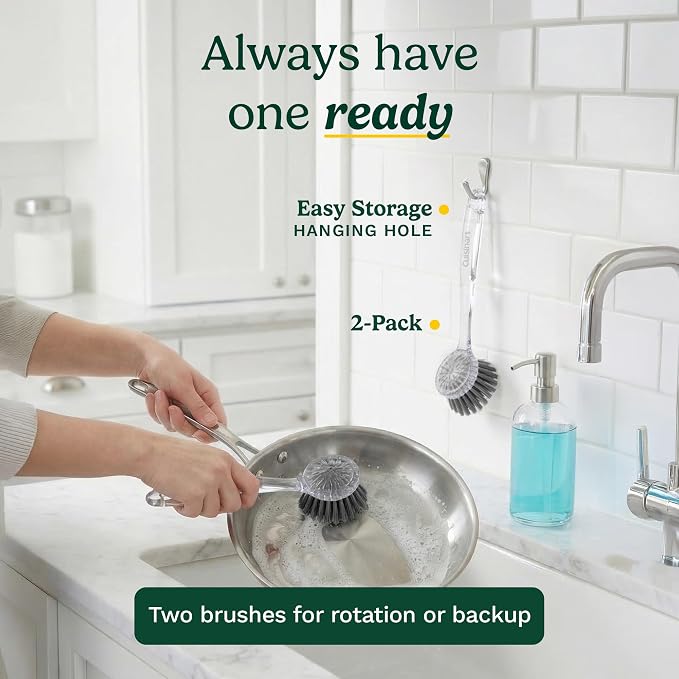 Cuisinart Dish Brush with Handle, 2 Pack, Firm Bristles | Multi-purpose dish scrubber for plates, pots, and pans, deep cleaning removes grease, safe for nonstick, round head