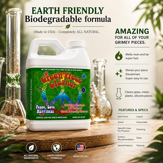 Green Piece® Cleaner – Made in USA - Great on Glass - Cleans tar and resin – 64 Oz (Half Gallon)