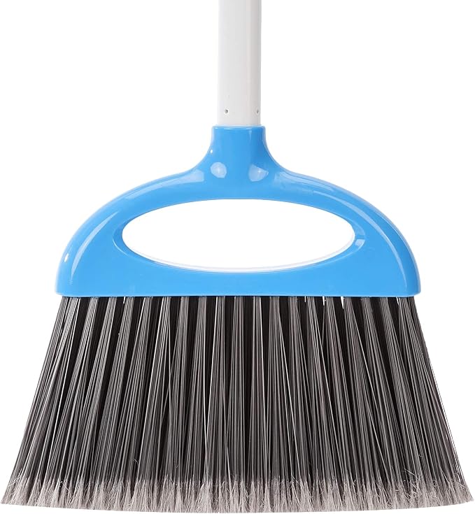 Amazon Basics Dustpan Broom Set with Adjustable Long Handle, Easy to Assemble, Blue and White