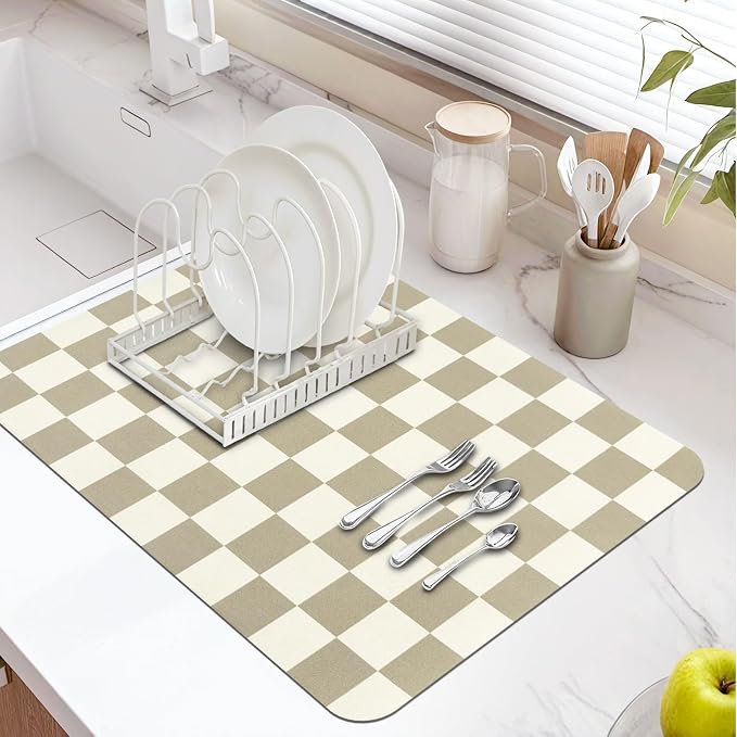 Dish Mat Drying Kitchen Mat, ,16"x 24" Super Absorbent Kitchen Dish Drying Pad for Countertop, Easy to Clean Drainer Mats with Non-slip Rubber Backed for Kitchen Counter, Beige Checkered