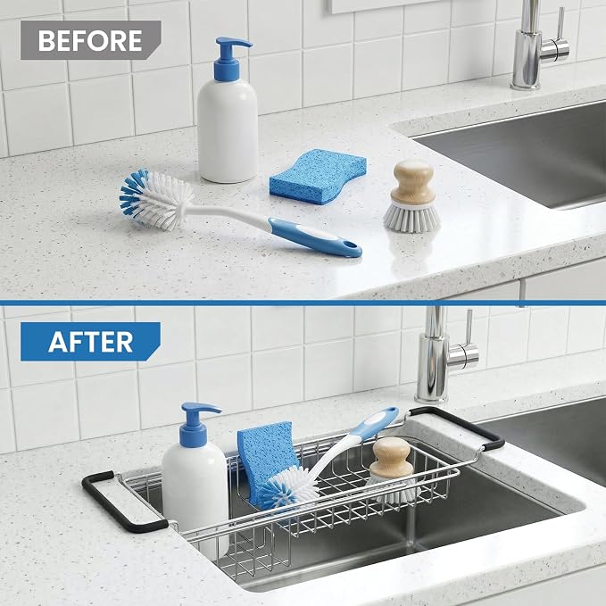 TreeLen Over The Kitchen Sink Caddy Sponge Holder Organizer Drying Rack Expandable for Sponge Brush Soap 13.8" to 20.8", Stainless Steel