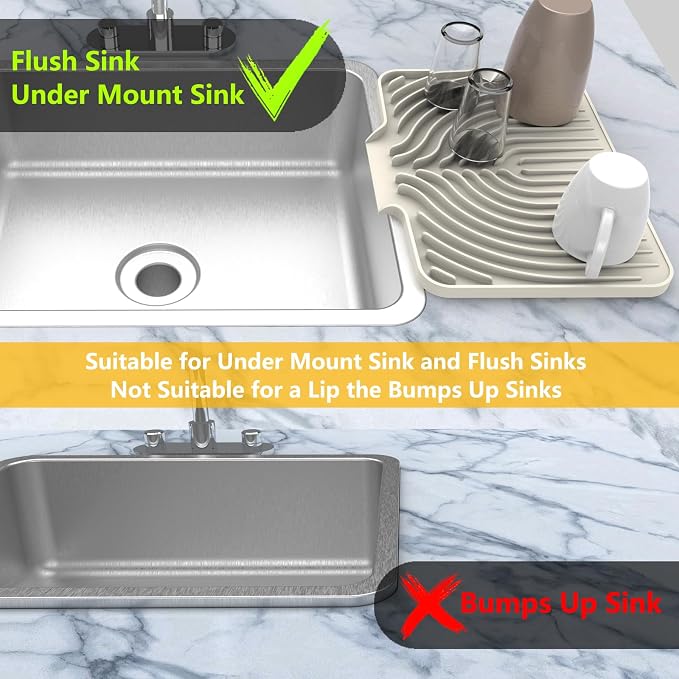 Kitchen Counter Dish Drying Mat, 14.6"x11" Dish Drying Rack(cream) | Various Sizes & Colors,Steep-Slope Built in Drain,High-fin Ventilation,Food-grade Silicone,500F heat resistant,for Flat sinks