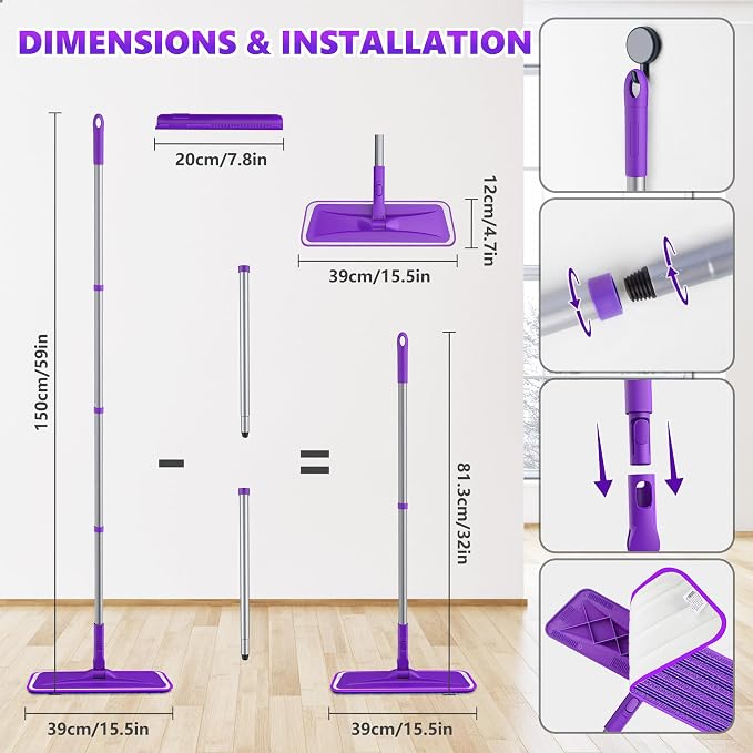 BPAWA Microfiber Mops for Floor Cleaning: Flat Mop for Wood Tile Laminate | 4 Washable Pads fit for Swiffer PowerMop, 59" Adjustable Handle, Dry & Wet Mopping Home Kitchen Hardwood Vinyl Multi-surfaces