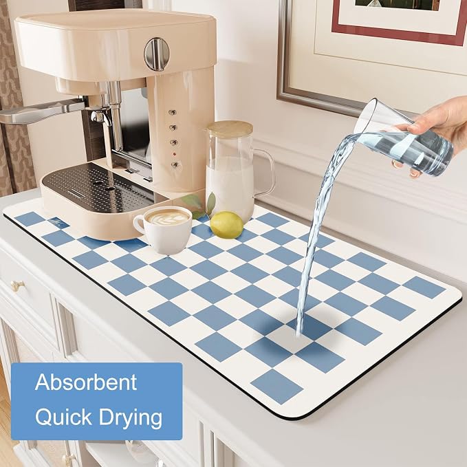Clinuse Coffee Mats, 19"x12" Checkered Dish Drying Mat for Kitchen Counter, Quick Dry Mat, Diatomite Absorbent Aesthetic Large Drying Mats for Coffee Bar - Blue White