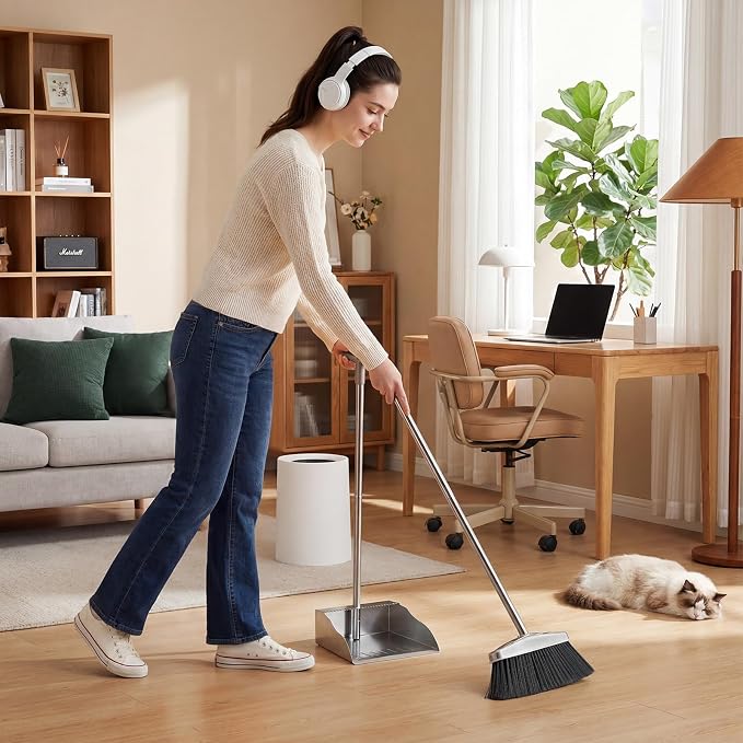 Dustpan with Broom Set,Long Handle Stainless Steel Dustpan and Broom Combo | Heavy Duty Metal Standing Dust Pan with Teeth & Soft Bristles Broom,Indoor Outdoor Dust Pan Broom for Home Office Lobby Floor