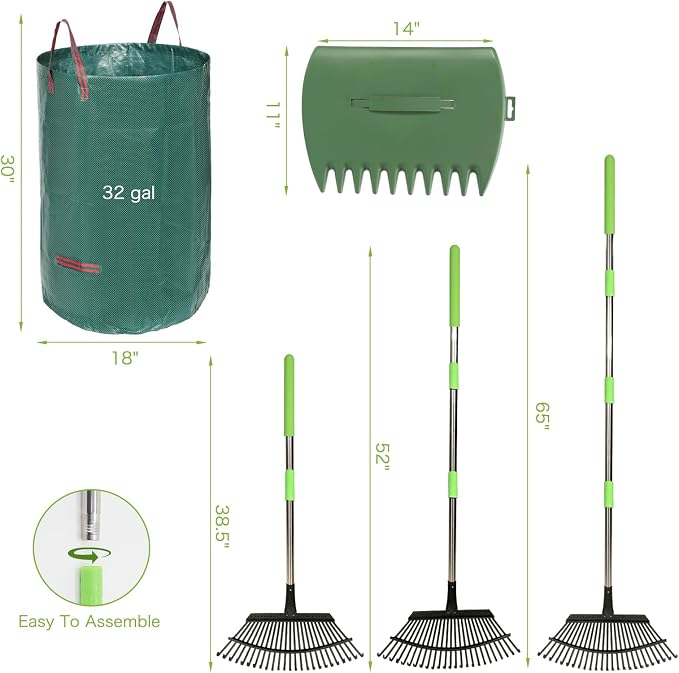 65 Inch 25 Tines Metal Leaf Rake Set with 32 Gal Bags Scoops, 18in Wide | Heavy duty lawn rake, Garden leaf collector, Yard clean up tool, Metal tines rake, Camping gear, Shrub rake, Weed remover