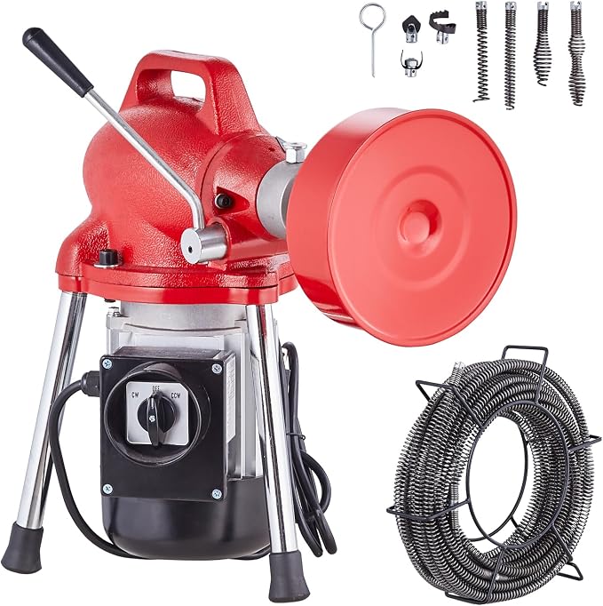 VEVOR Drain Cleaner Machine 66FT x 5/8 Inch, 250W Electric Sewer Snake Auger with 2 Sectional Steel Cables (66' x 5/8" and 15' x 3/8"), 7 Cutters and CW/CCW Control for 1.6" to 4" Pipes