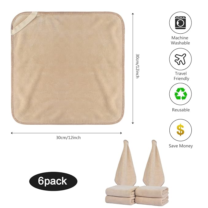 SINLAND Microfiber Facial Cloths Fast Drying Washcloth 12inch x 12inch (6pack, Cream)