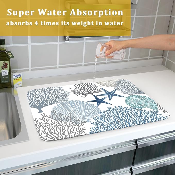 Summer Coastal Dish Drying Mats for Kitchen Counter 16x18 Inch Sea Shells Starfish Drying Mat High Absorbent Reversible Kitchen Mat Blue Coral Ocean Themed Dishes Pad for Countertop Tableware Decor